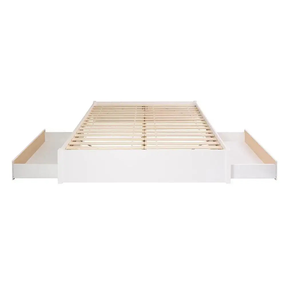King Size 2 Drawer Storage White Wooden 4 Post Platform Bed  Frame