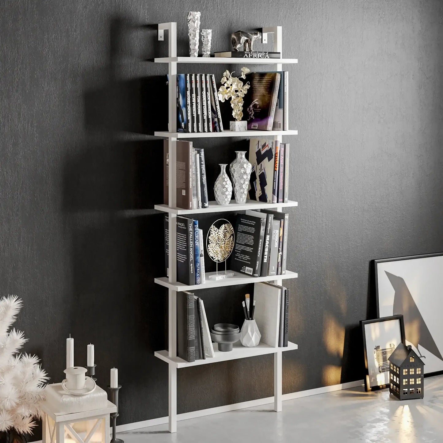 Piante 68 inches Tall Metal Manufactured Wood Accent Ladder Bookcase