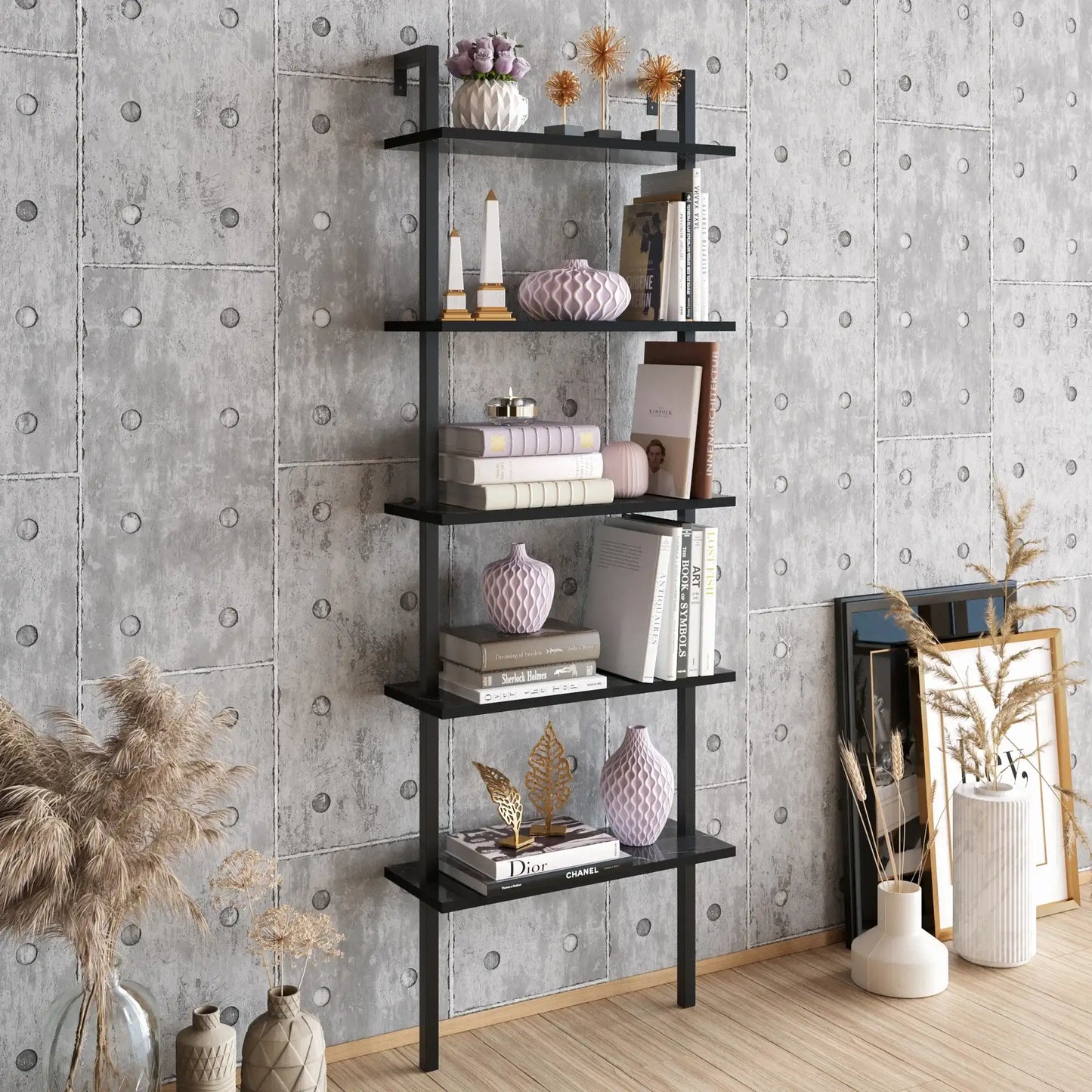Piante 68 inches Tall Metal Manufactured Wood Accent Ladder Bookcase