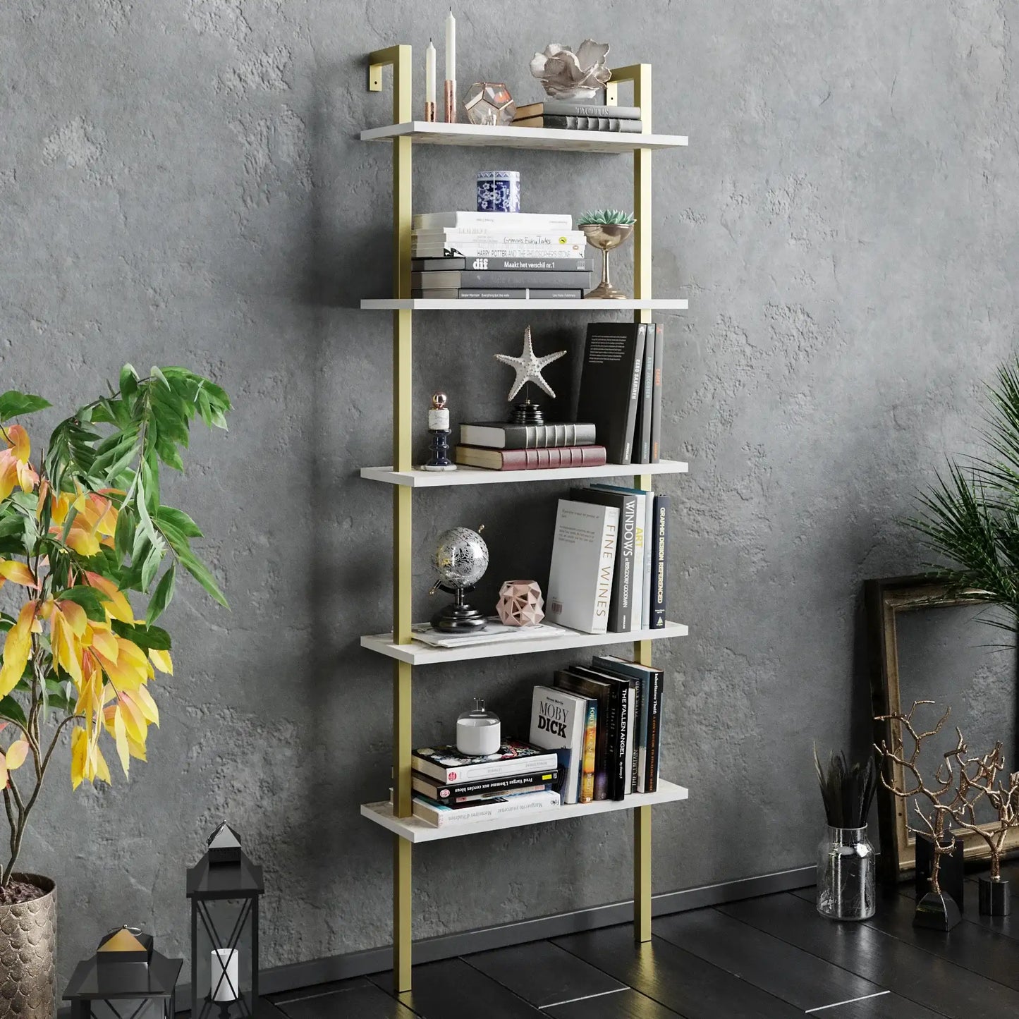 Piante 68 inches Tall Metal Manufactured Wood Accent Ladder Bookcase