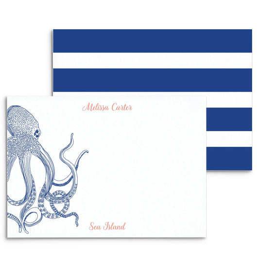 Octopus Navy Panel Note Cards - PERSONALIZED
