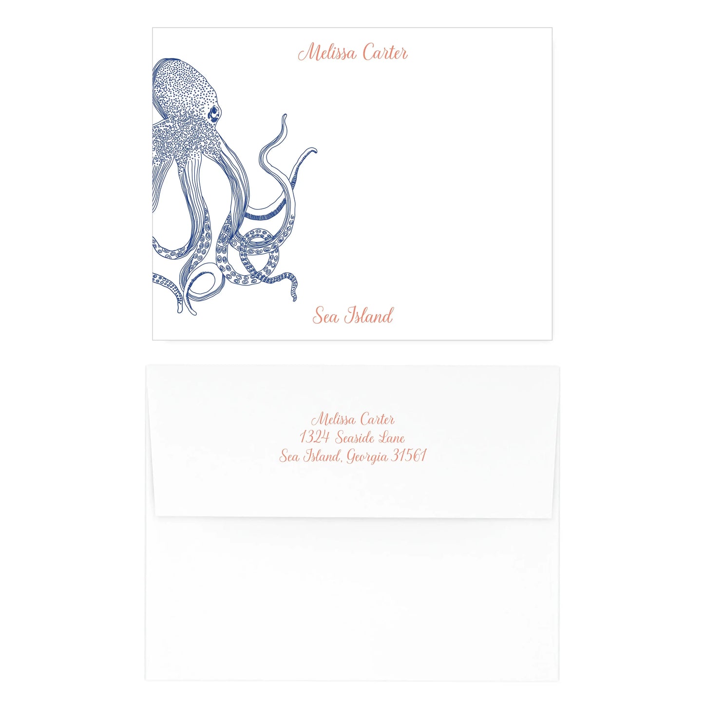 Octopus Navy Panel Note Cards - PERSONALIZED