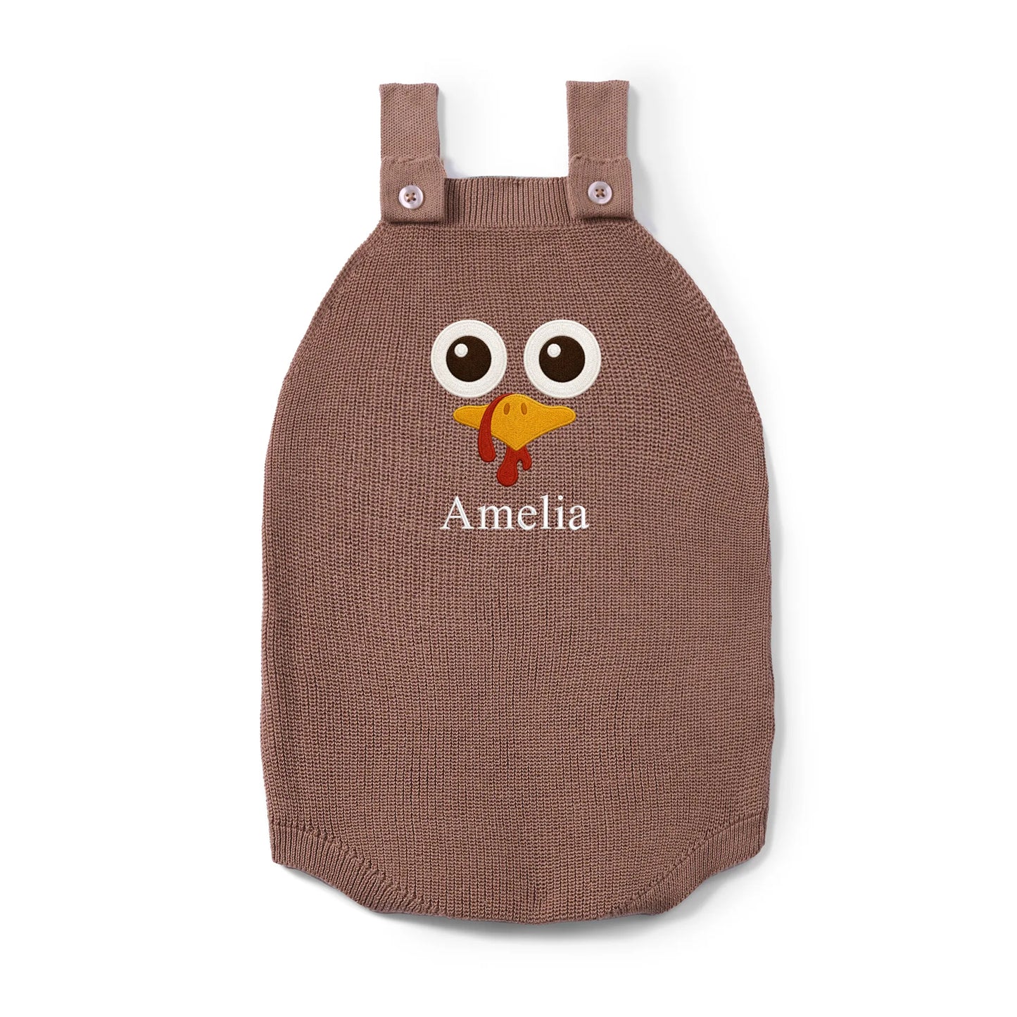Personalized Turkey Thanksgiving Name Knit Button Strap Romper