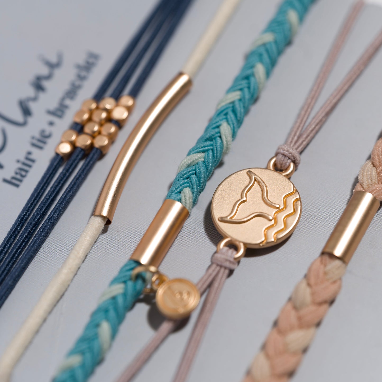 "Protect" Beachy Blues & Sands with Whale Charm Hair Tie Bracelets