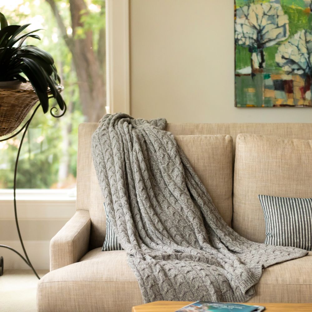 Hand-Finished Undyed Baby Alpaca & Peruvian Pima Cotton Cable Knit Throw Blanket | Graphite | Muru Collection