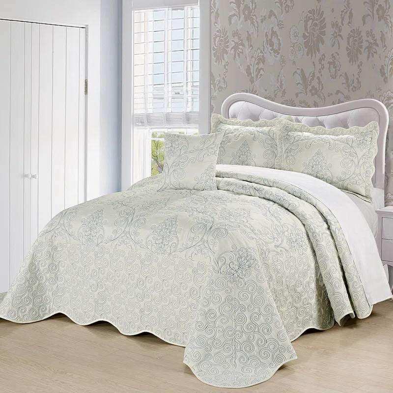 Queen size Antique White Damask Embroidered 4 Piece Oversized Bedspread Set