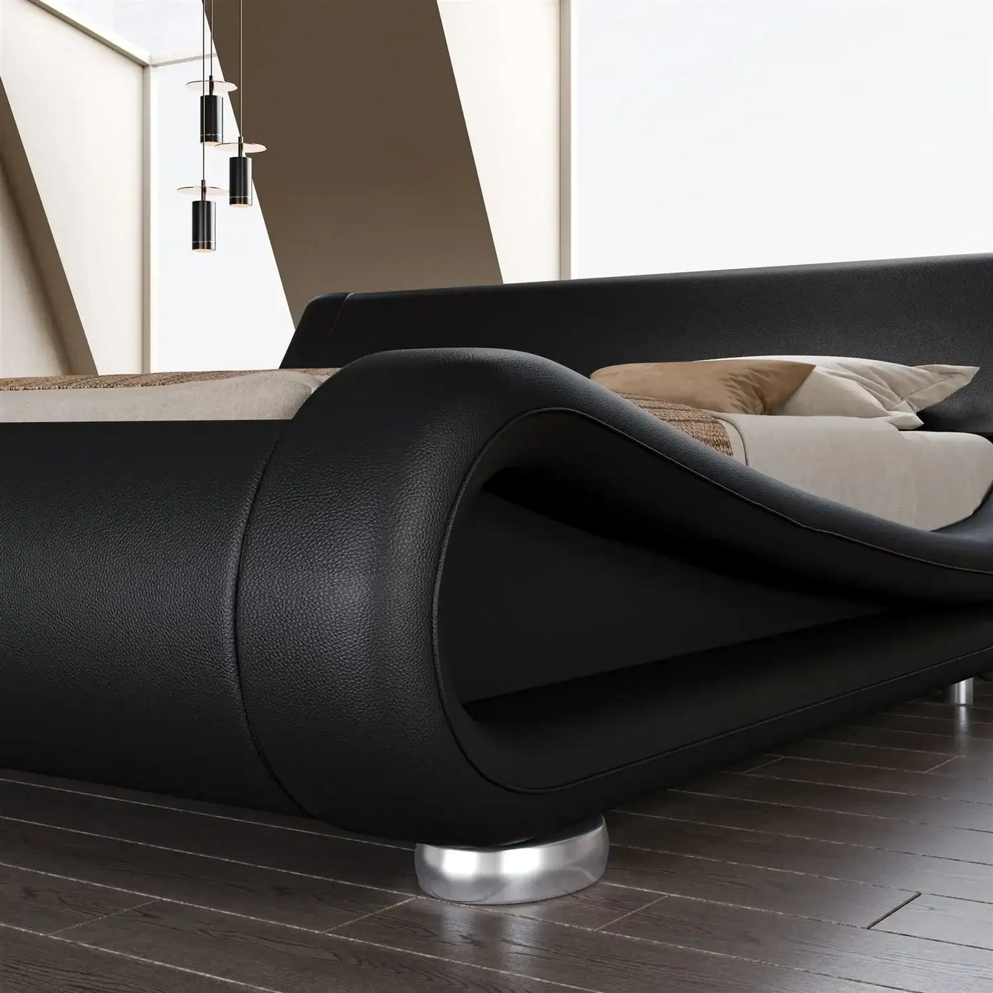Queen Modern Black Upholstered Platform Bed Frame with Sleigh Curved Headboard
