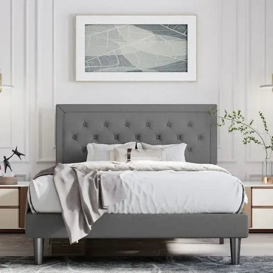 Queen Dark Grey Linen Upholstered Platform Bed with Button-Tufted Headboard