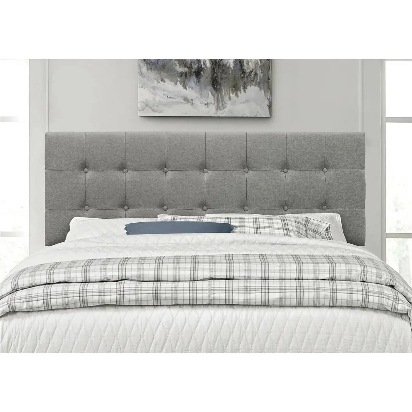 Queen Modern Classic Style Button-Tufted Headboard in Grey Upholstered Fabric