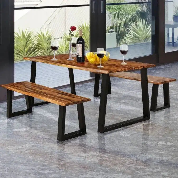 Modern Indoor Outdoor Metal Frame Wood Top Patio or Kitchen Dining Table