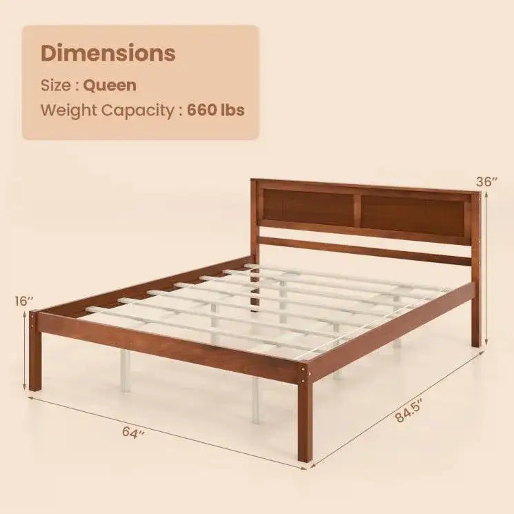 Queen Size Retro Wood Platform Bed Frame with Headboard in Walnut