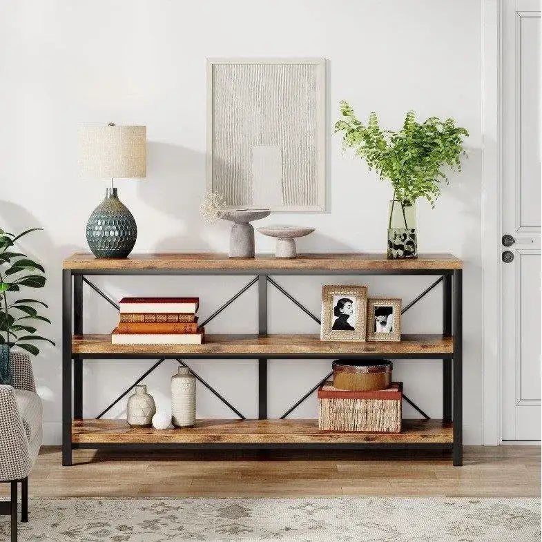 Industrial 55-inch Wood Shelf Console Sofa Table with Sturdy Black Metal Frame