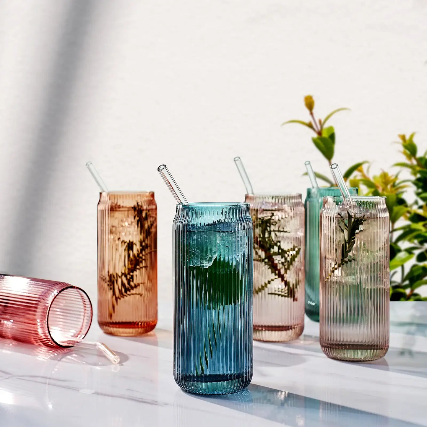 Tonal Ribbed Soda Can Highball Glassware & 6 Glass Straws, Set of 6