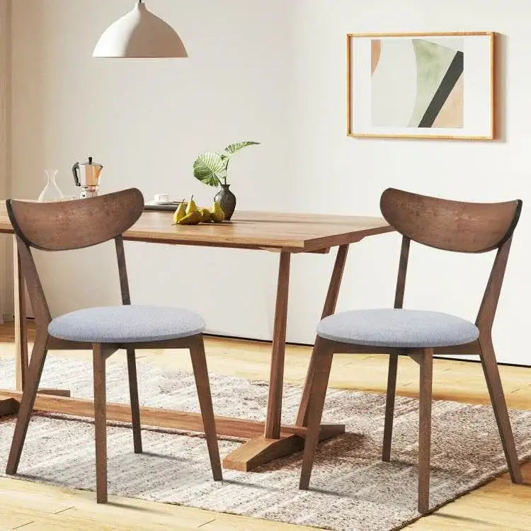 Set of 2 Mid-Century Modern Curved Back Wood Dining Chair Grey Upholstered Seat