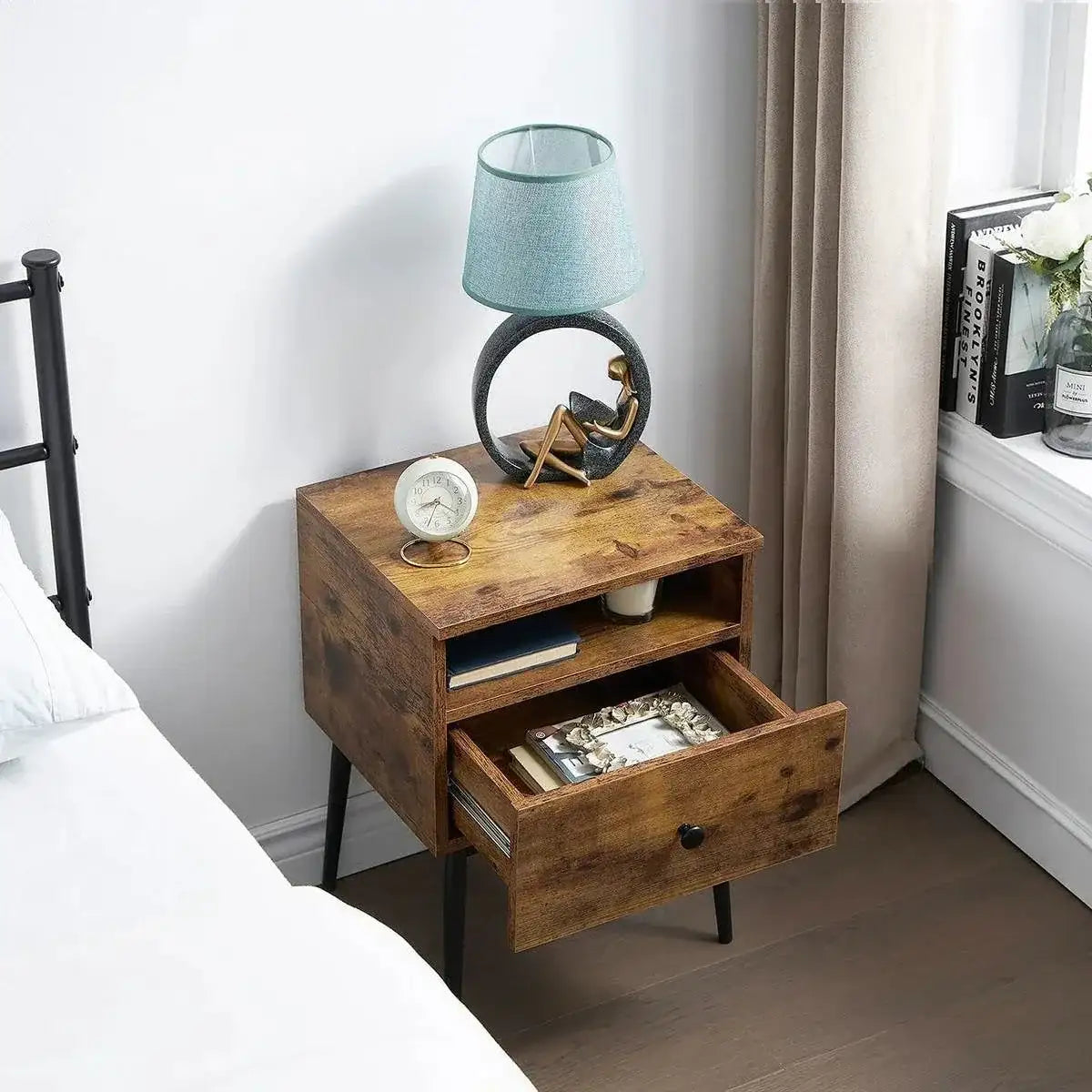 Set of 2 - Mid Century Modern Side Table Nightstand in Brown Black Wood Finish