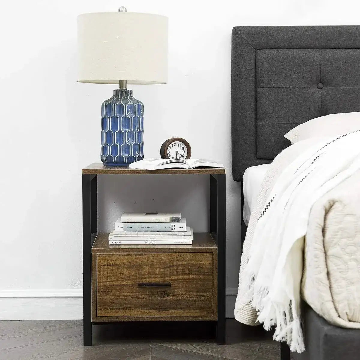 Set of 2 - Modern Metal Wood Side End Table Nightstand with Storage Drawer
