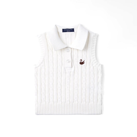Cable Knit Sleeveless Polo Shirt in White