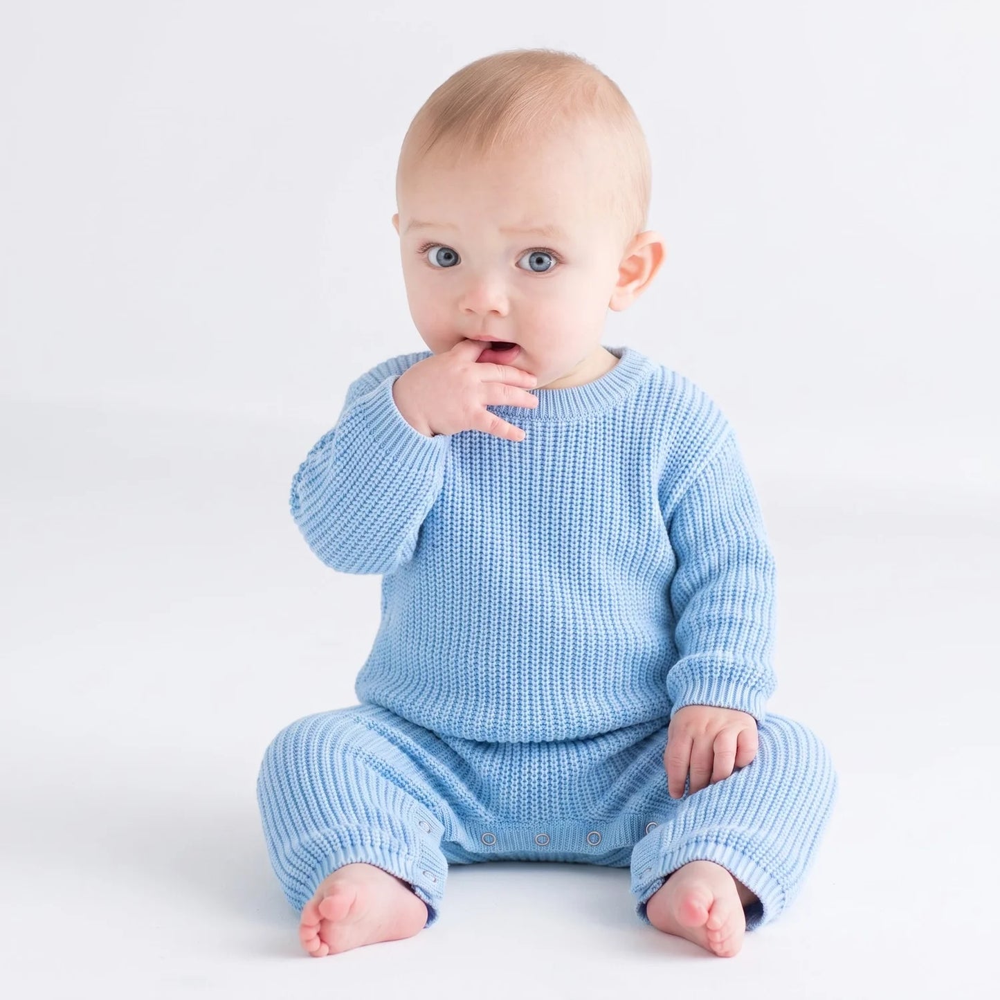 Baby Knit Romper Snap Closure in Baby Blue