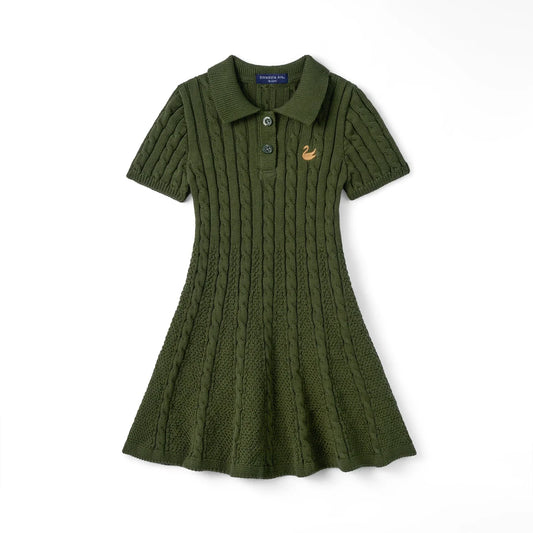 Cable Knit Polo Dress in Forest Green