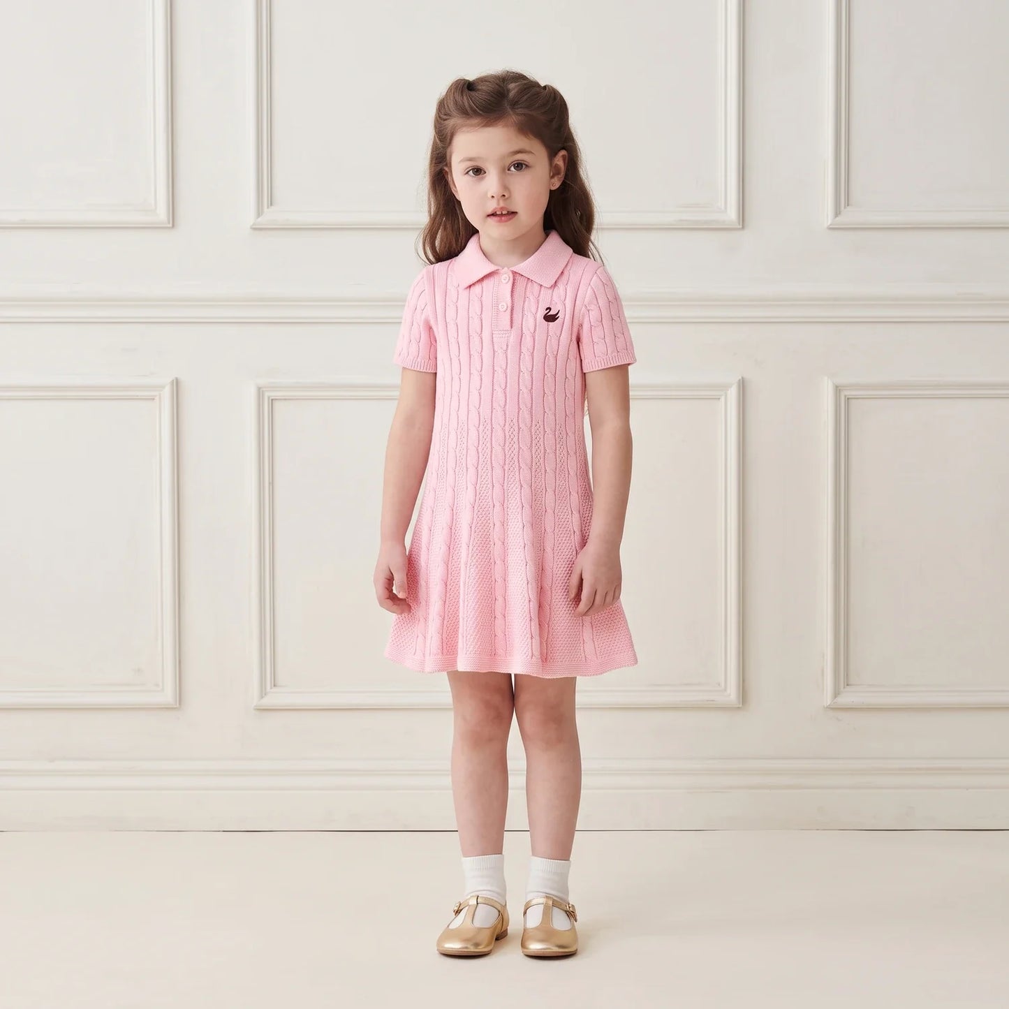 Cable Knit Polo Dress in Pink