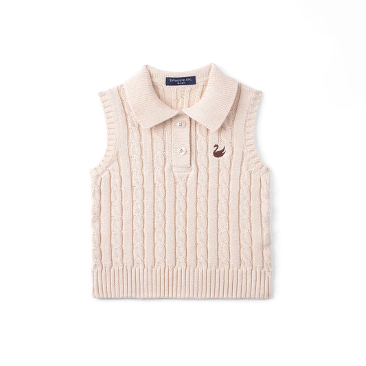 Cable Knit Sleeveless Polo Shirt in Beige