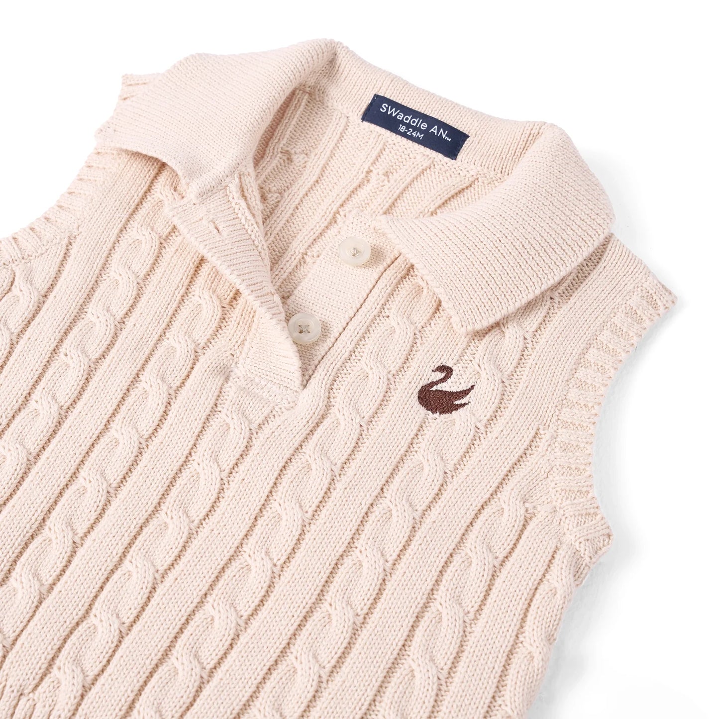 Cable Knit Sleeveless Polo Shirt in Beige