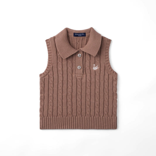 Cable Knit Sleeveless Polo Shirt in Mocha