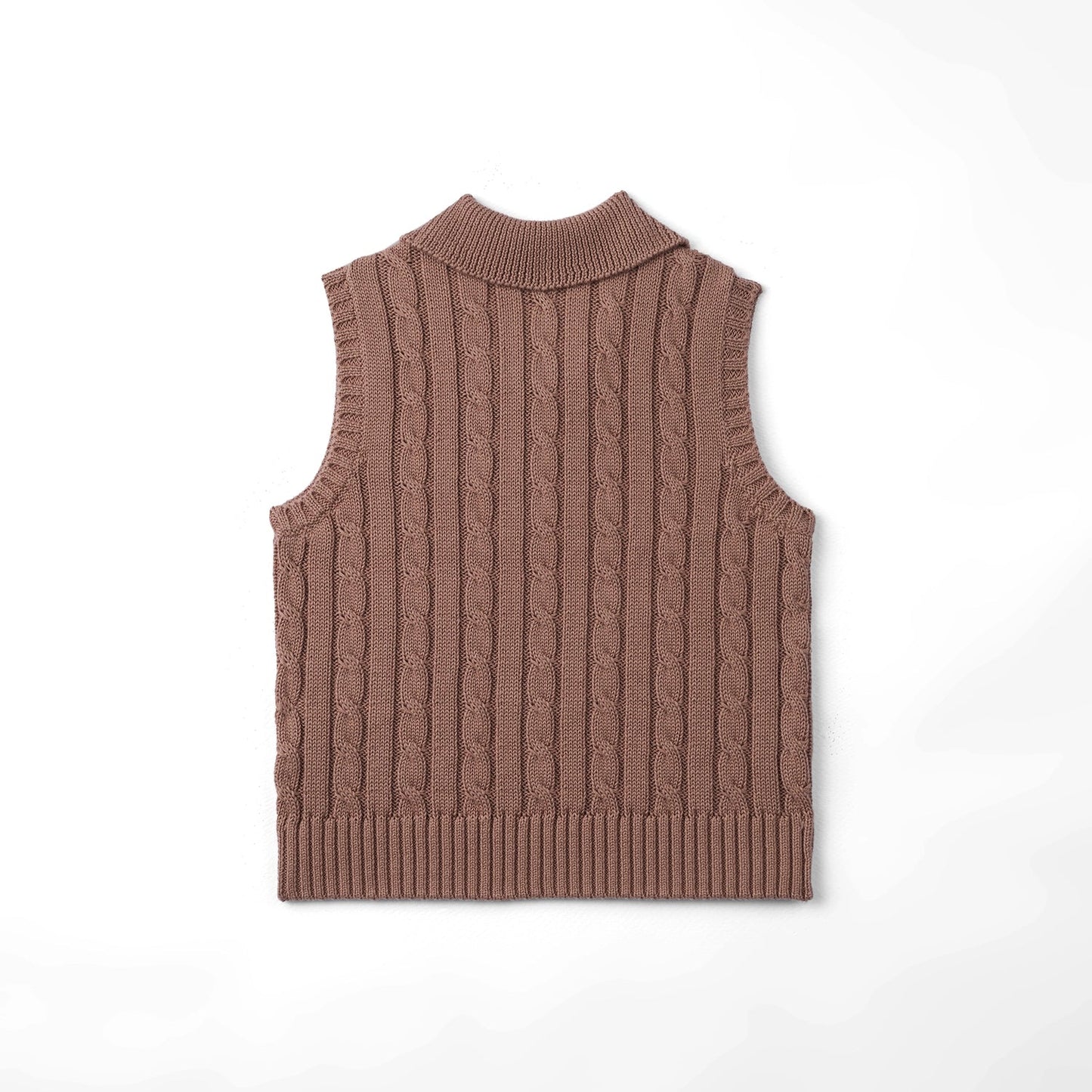 Cable Knit Sleeveless Polo Shirt in Mocha