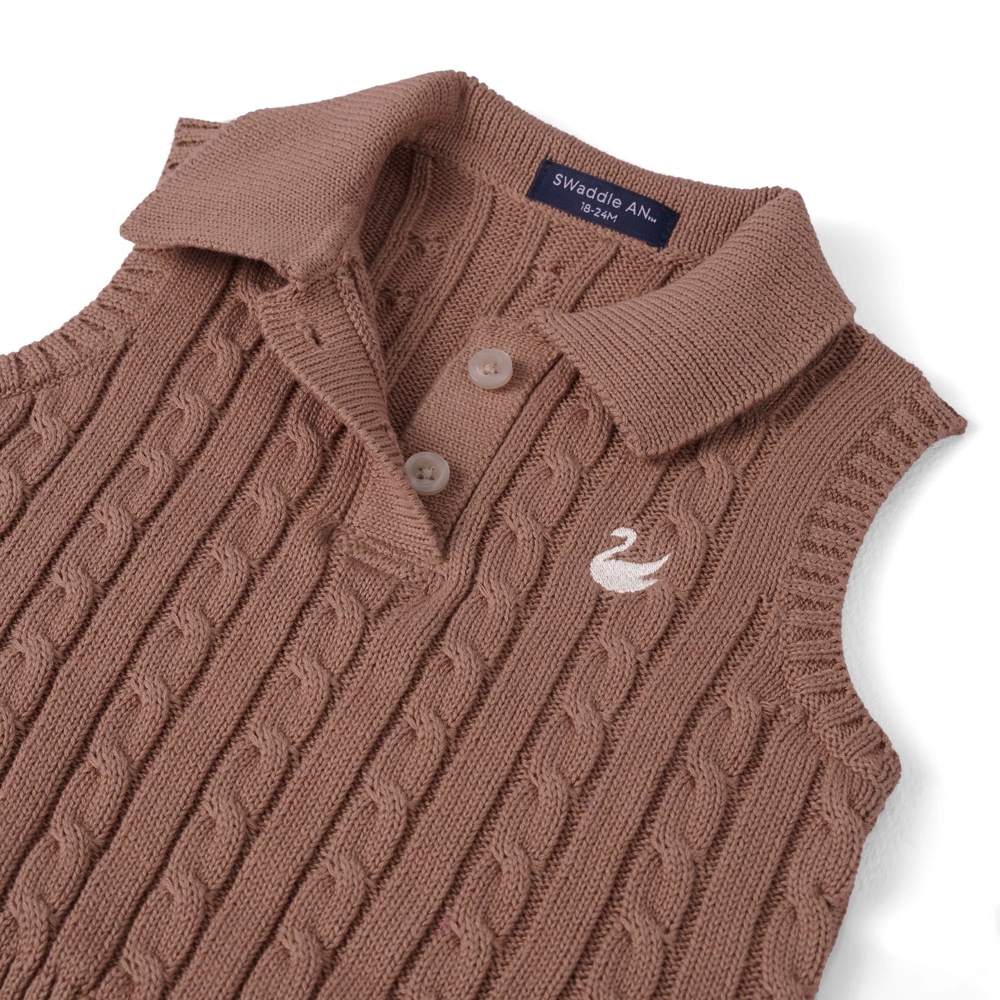 Cable Knit Sleeveless Polo Shirt in Mocha