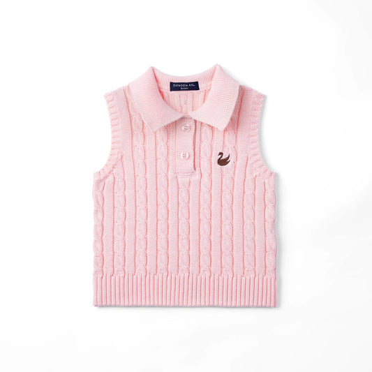 Cable Knit Sleeveless Polo Shirt in Pink