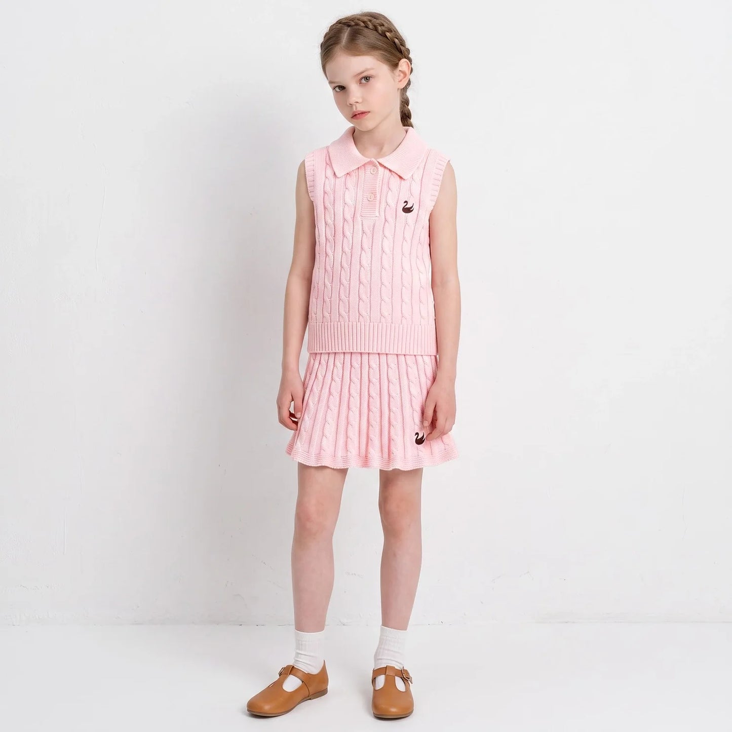Cable Knit Sleeveless Polo Shirt in Pink