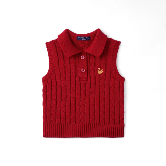 Cable Knit Sleeveless Polo Shirt in Red Xmas