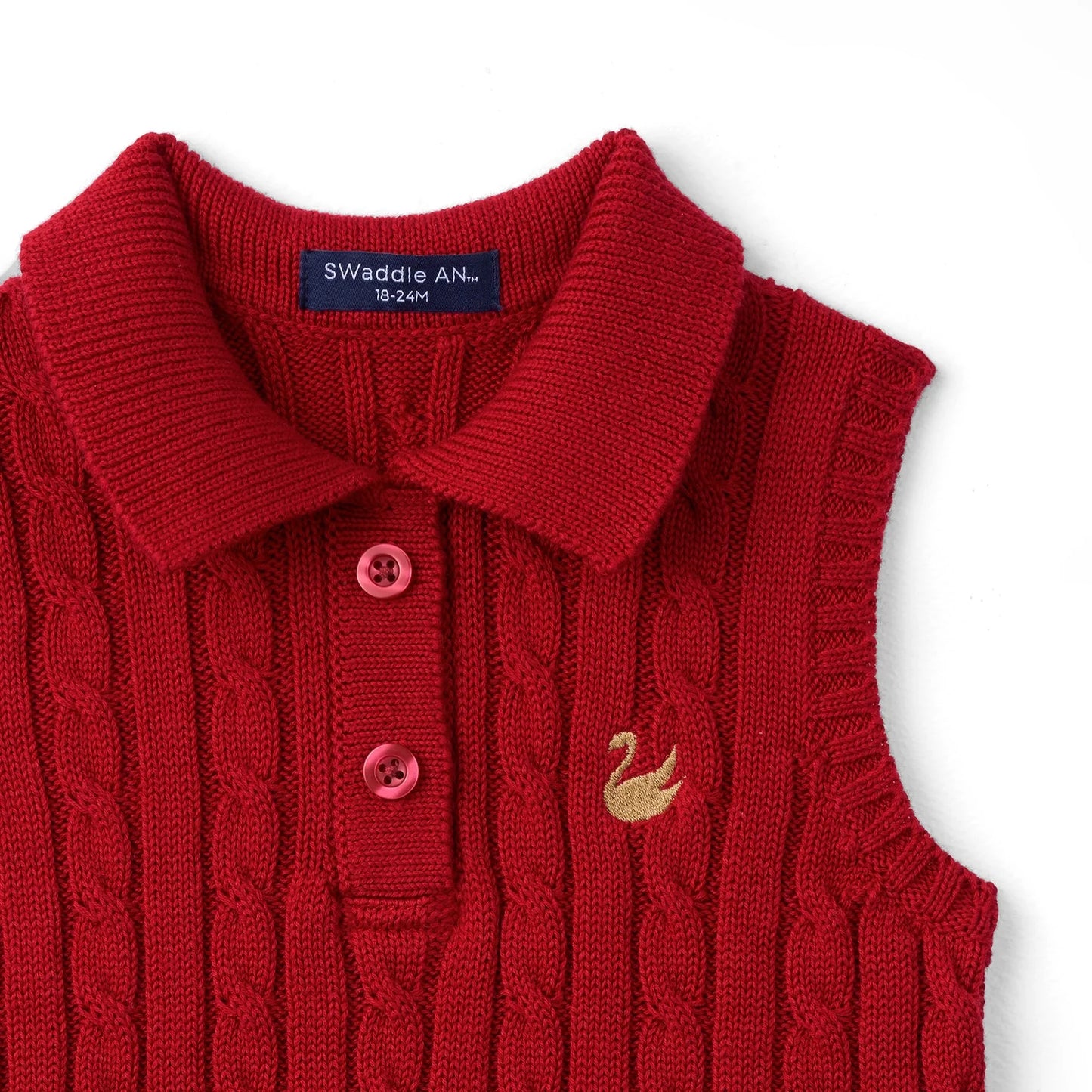 Cable Knit Sleeveless Polo Shirt in Red Xmas