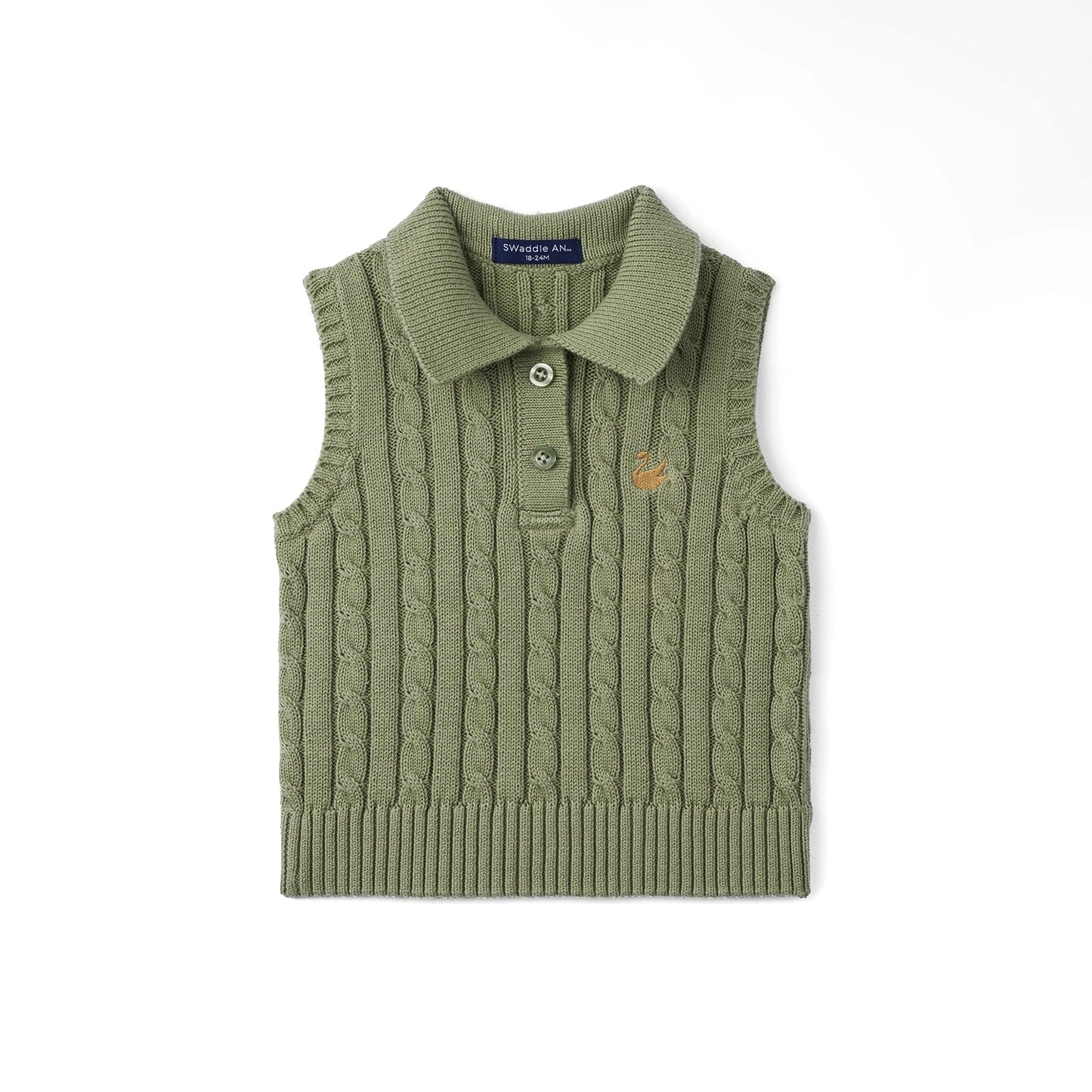 Cable Knit Sleeveless Polo Shirt in Sage Green
