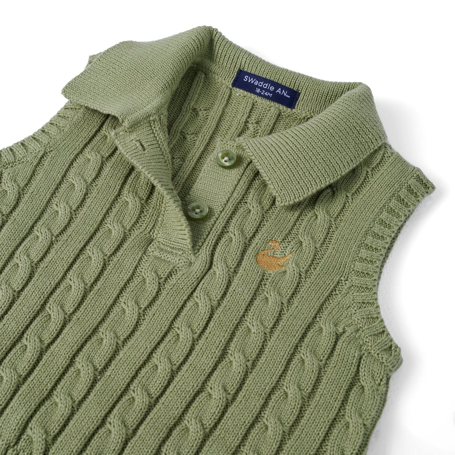 Cable Knit Sleeveless Polo Shirt in Sage Green