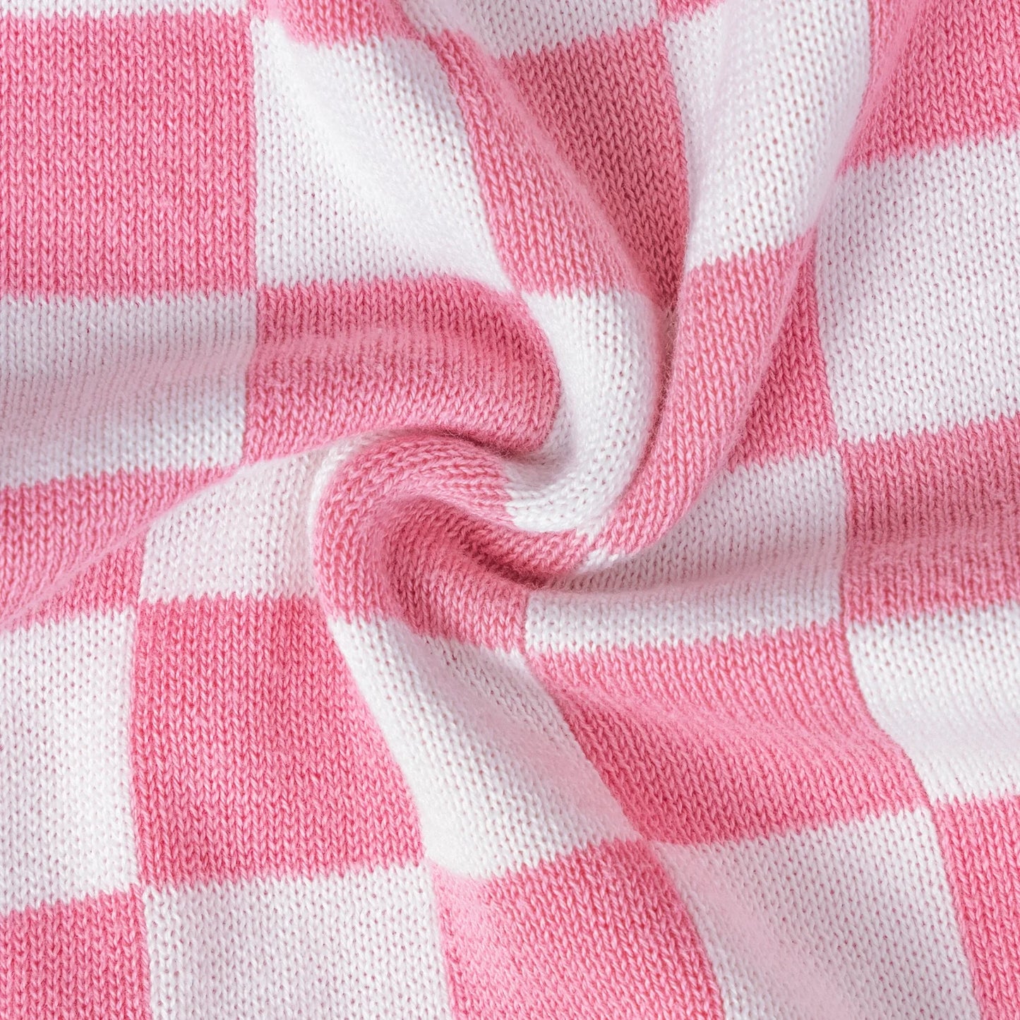Pink Checker Knit Long Sleeve Crewneck Sweater