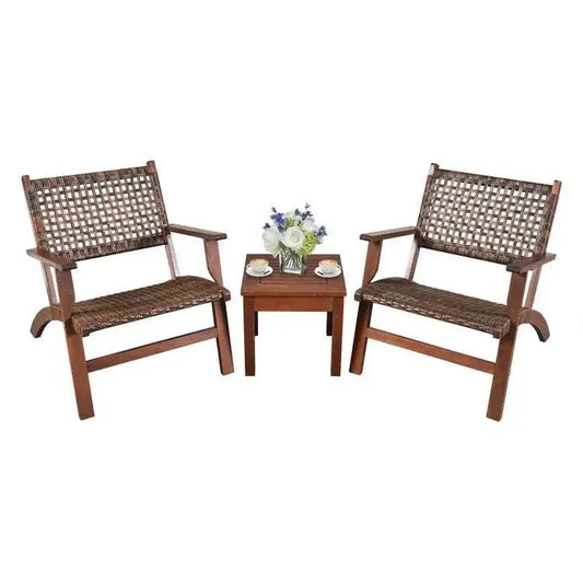 3 Piece Wooden Rattan Outdoor Patio Furniture Chair Table Bistro Set