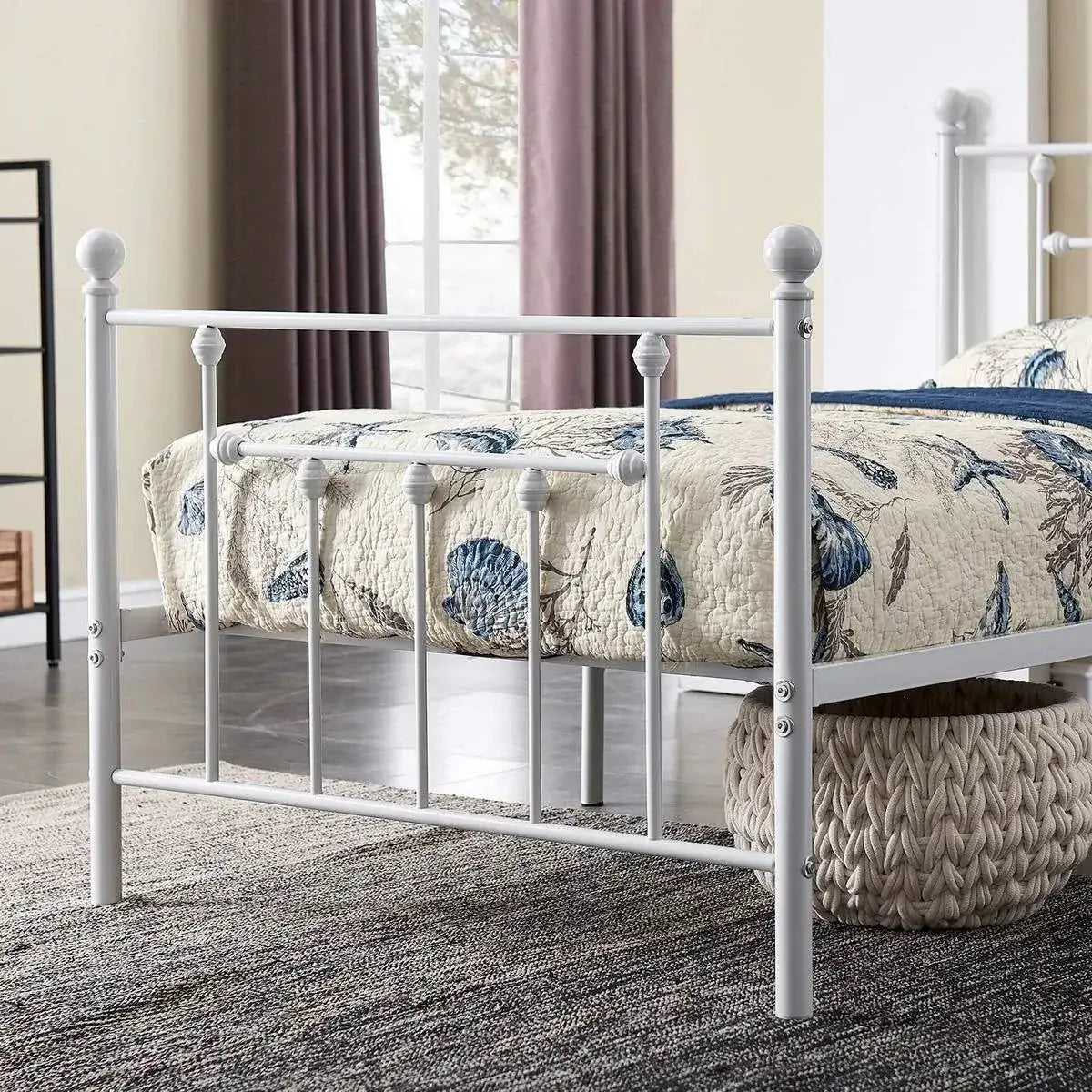 Twin Victorian Style White Metal Platform Bed Frame with Headboard Footboard