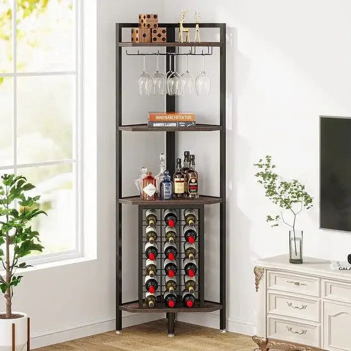Industrial Corner Wine Rack Storage Shelving Unit with Glass Holders