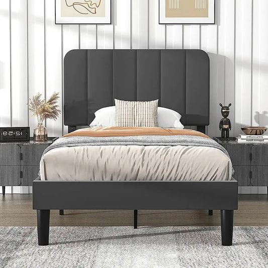 Twin size Dark Grey Upholstered Platform Bed Frame with Headboard