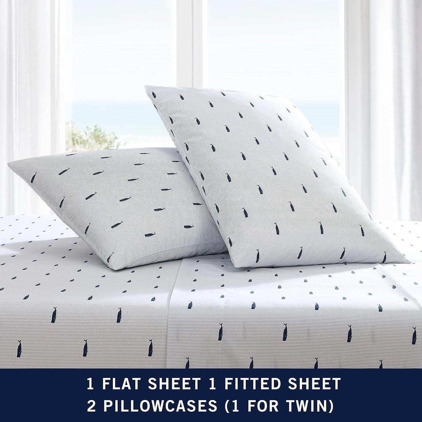 Twin size Coastal Beach 100-Percent Cotton Navy Blue White Stripe Sheet Set