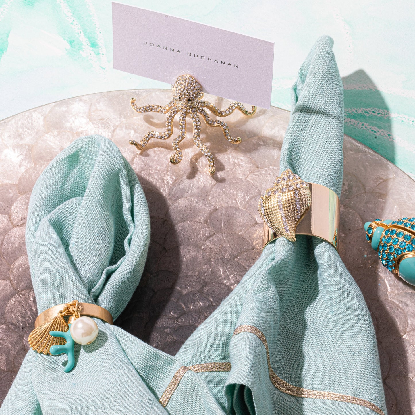 Gold trim dinner napkins, seafoam, set of two