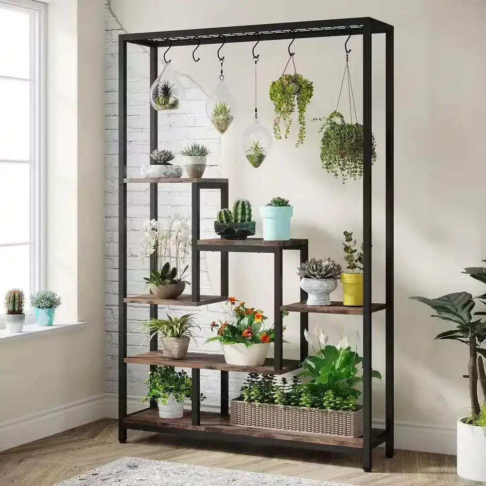 Modern Industrial Heavy Duty Metal Wood Plant Stand with 10 Hanging Hooks