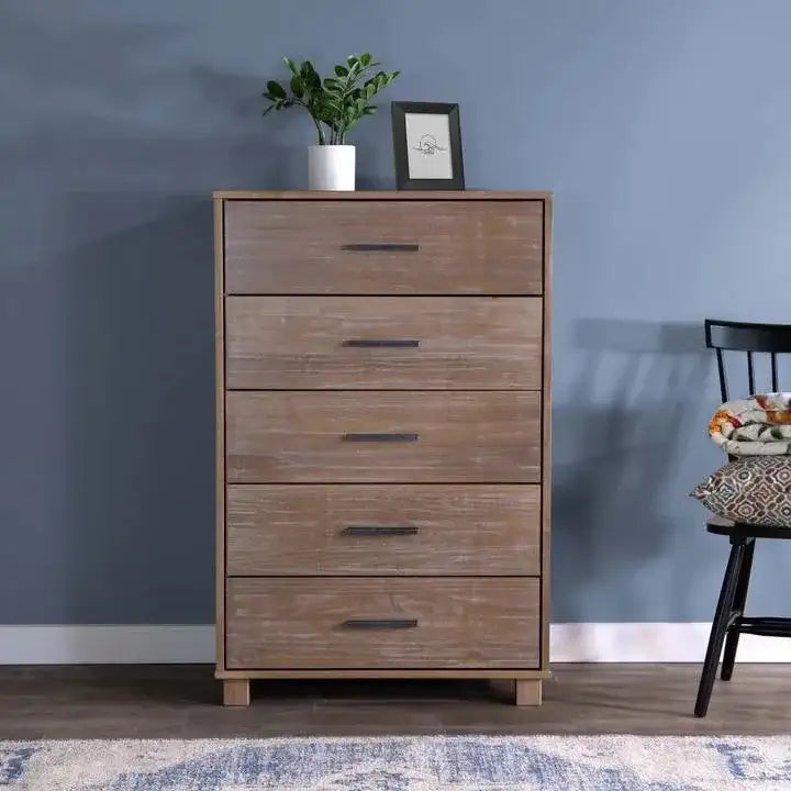 Modern Farmhouse Solid Wood 5 Drawer Bedroom Chest in Pine Finish