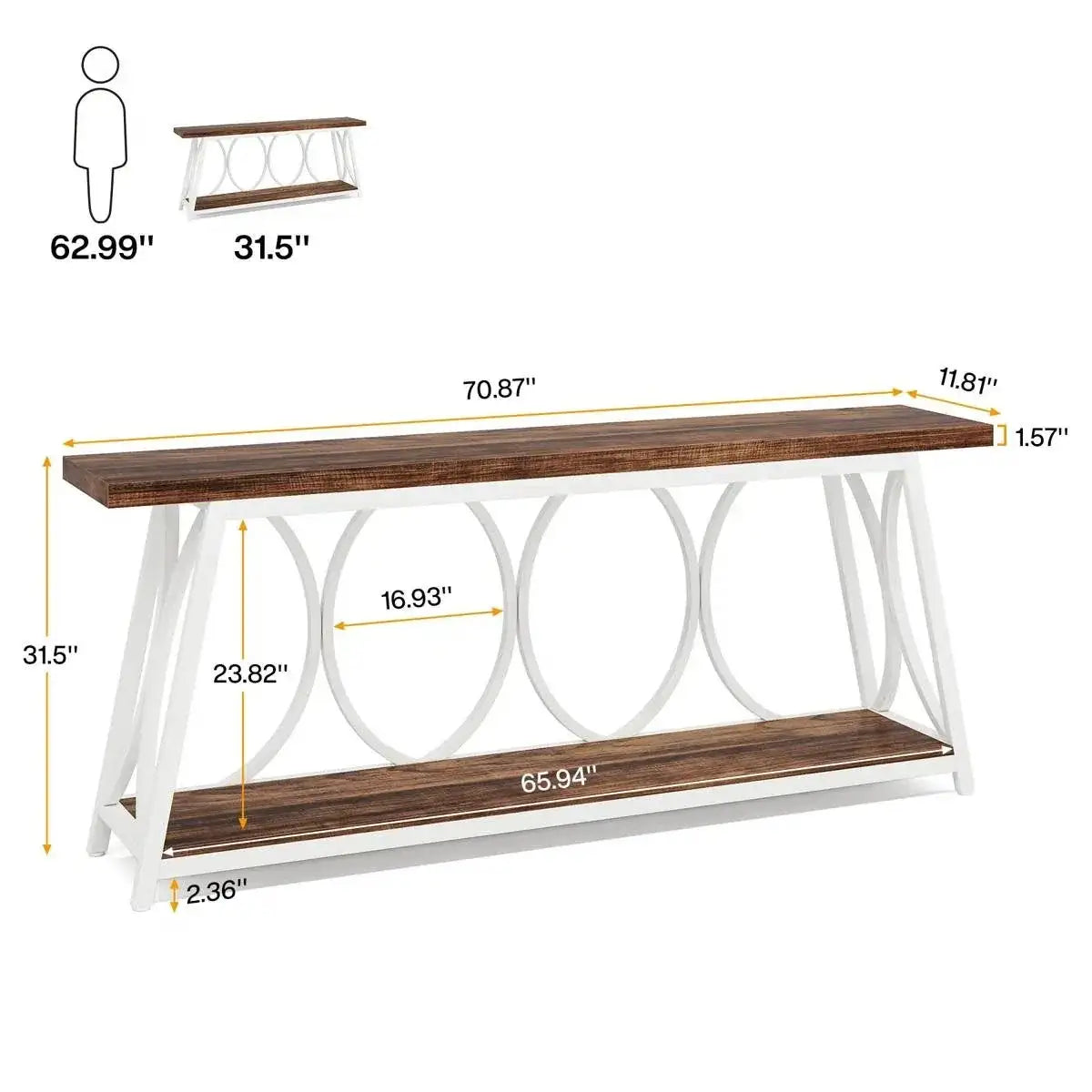 Industrial 70-inch Brown Wood Top Sofa Table with Heavy Duty White Metal Frame