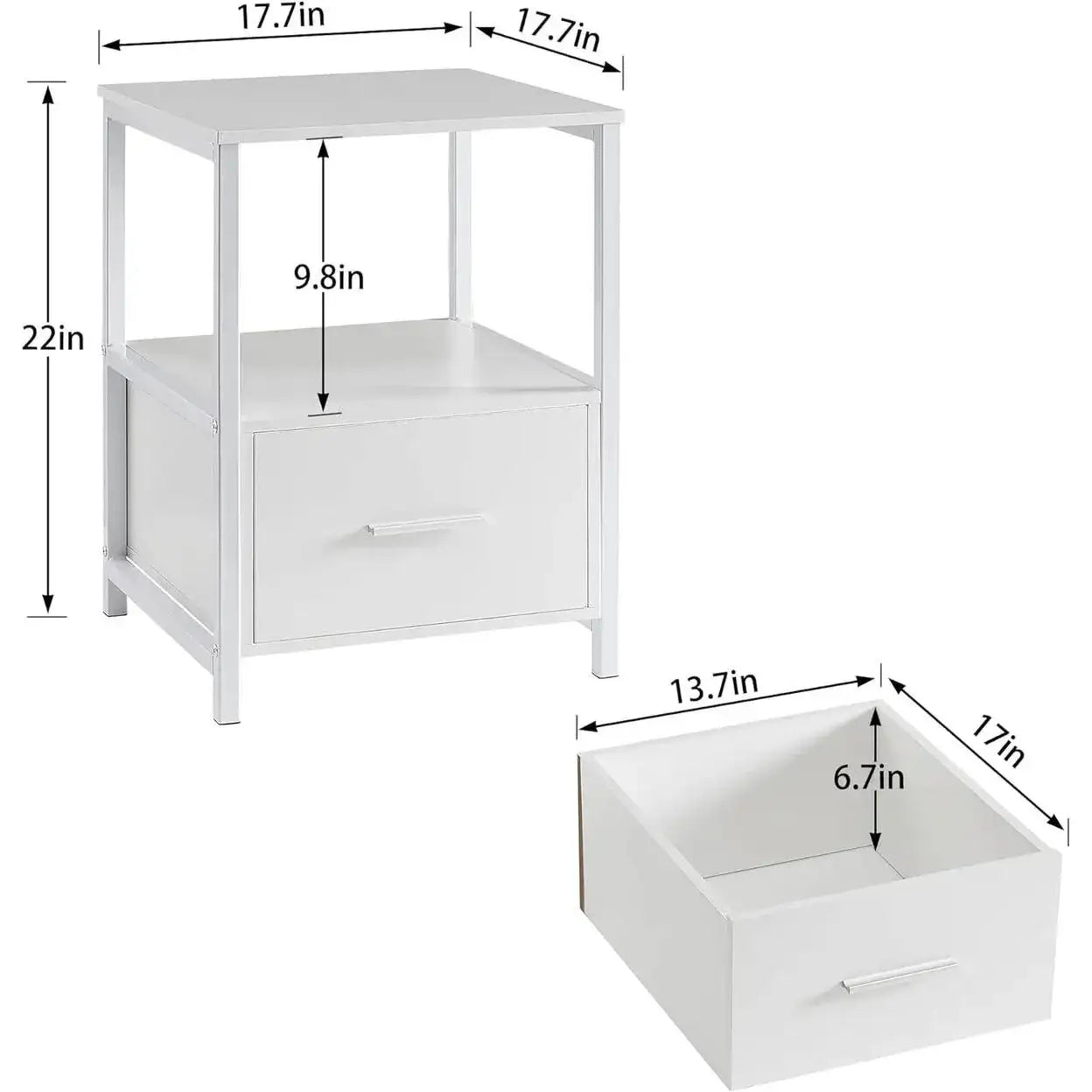 Set of 2 - Modern White Metal Wood Side End Table Nightstand with Storage Drawer
