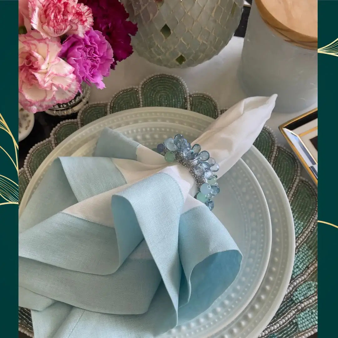 Mint Linen Napkins with Green Double-Sided Borders, Set of 4 / ChouChou Touch