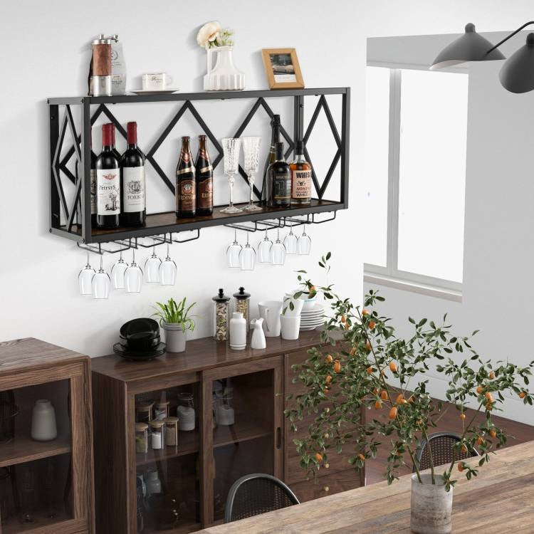 Industrial Rustic Brown Wood Metal Wall Mounted Wine Rack Shelf