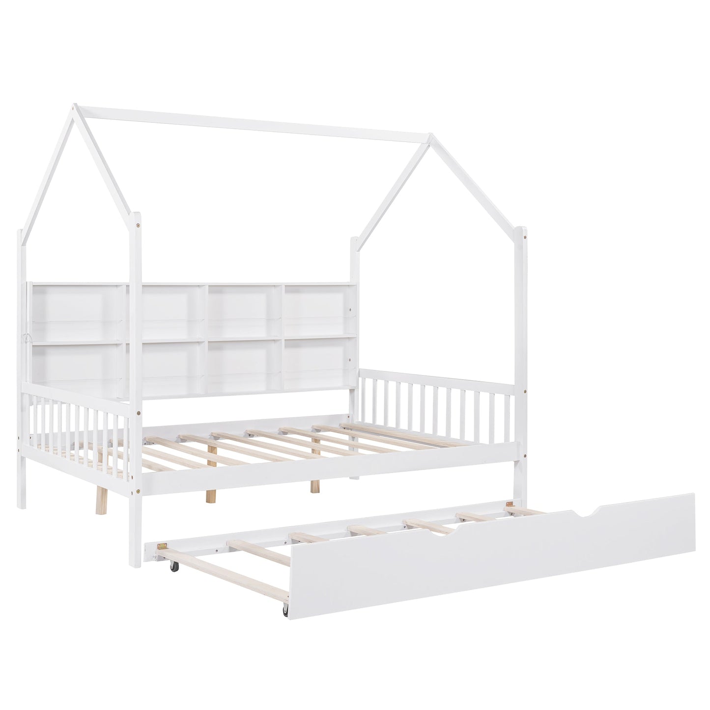 Wooden Full Size House Bed with Trundle,Kids Bed with Shelf, White (Old SKU: WF297070AAK)