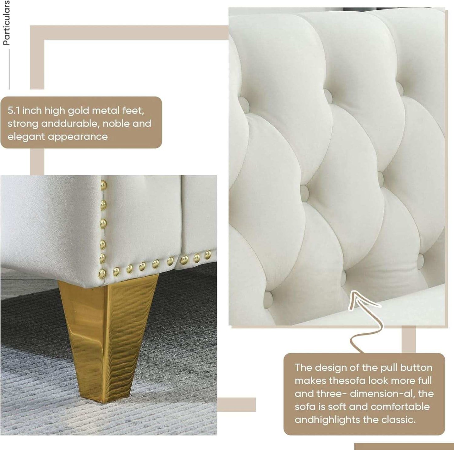 Velvet Beige 80-Inch Sofa Set With 58-Inch Loveseat And Gold Nail Heads